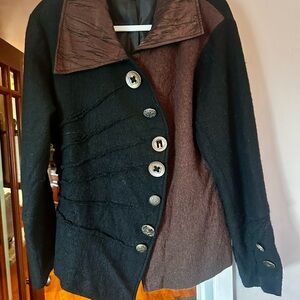 Chic/Artsy Asymmetric Two-Tone Black/Brown Wool Jacket (lined) Rare